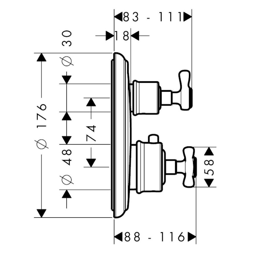 Immagine di Axor MONTREUX miscelatore termostatico ad incasso, con maniglia a croce e valvola d'arresto, finitura nichel spazzolato 16800820