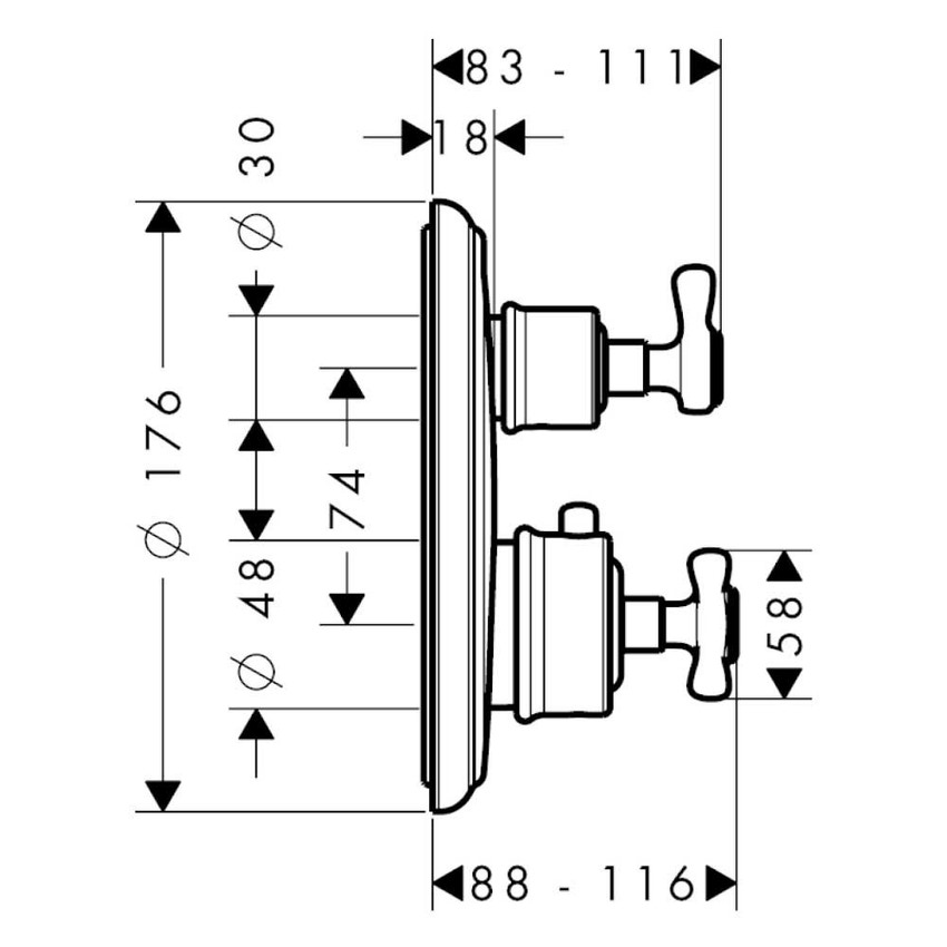 Immagine di Axor MONTREUX miscelatore termostatico ad incasso, con maniglia a croce e valvola d'arresto, finitura cromo 16800000