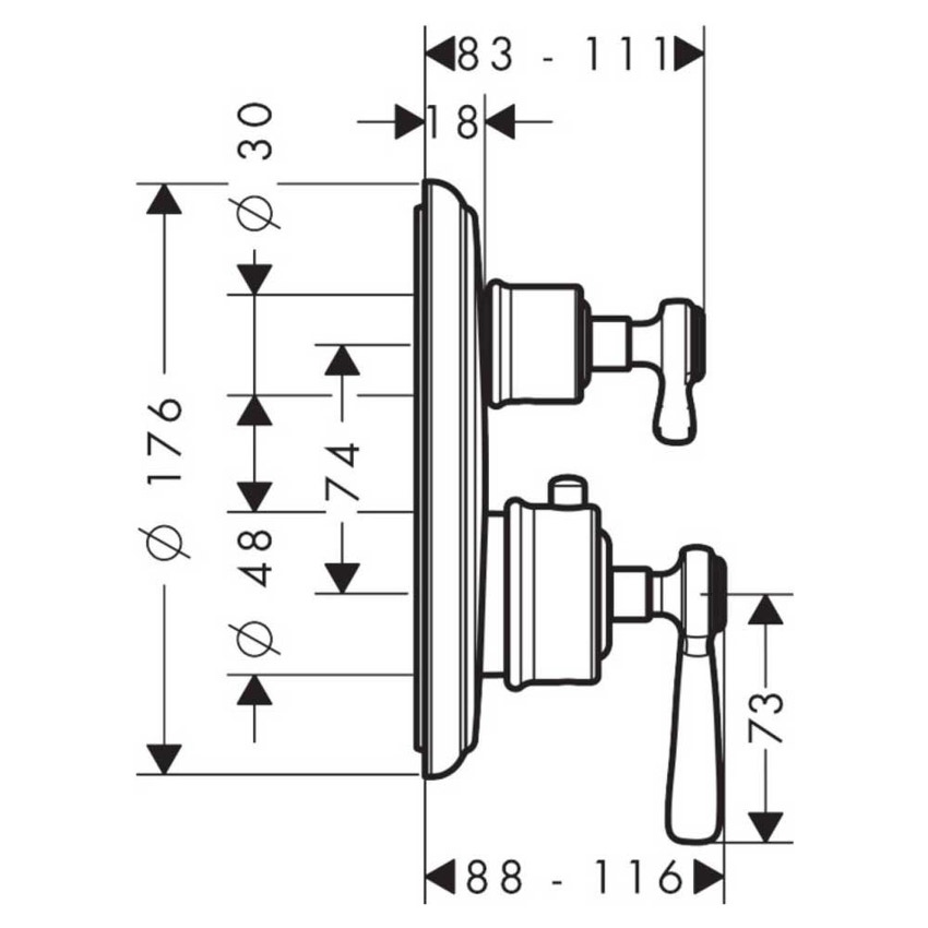 Immagine di Axor MONTREUX set esterno termostatico ad incasso con arresto/ deviatore maniglia a leva, finitura cromo 16821000
