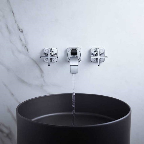 Immagine di Axor CITTERIO E rubinetteria 3 fori lavabo, ad incasso a parete, con bocca d'erogazione 22 cm e piastrine, finitura cromo 36107000