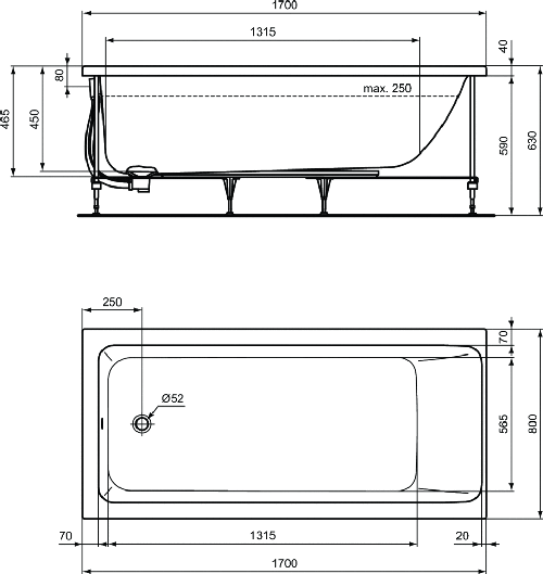 Immagine di Ideal Standard CONNECT AIR vasca L.170 P.80 cm rettangolare, con telaio, colonna e pannelli, colore bianco finitura lucido T362101