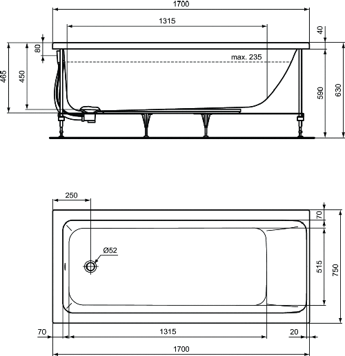 Immagine di Ideal Standard CONNECT AIR vasca L.170 P.75 cm rettangolare, con telaio, colonna e pannelli, colore bianco finitura lucido T361901