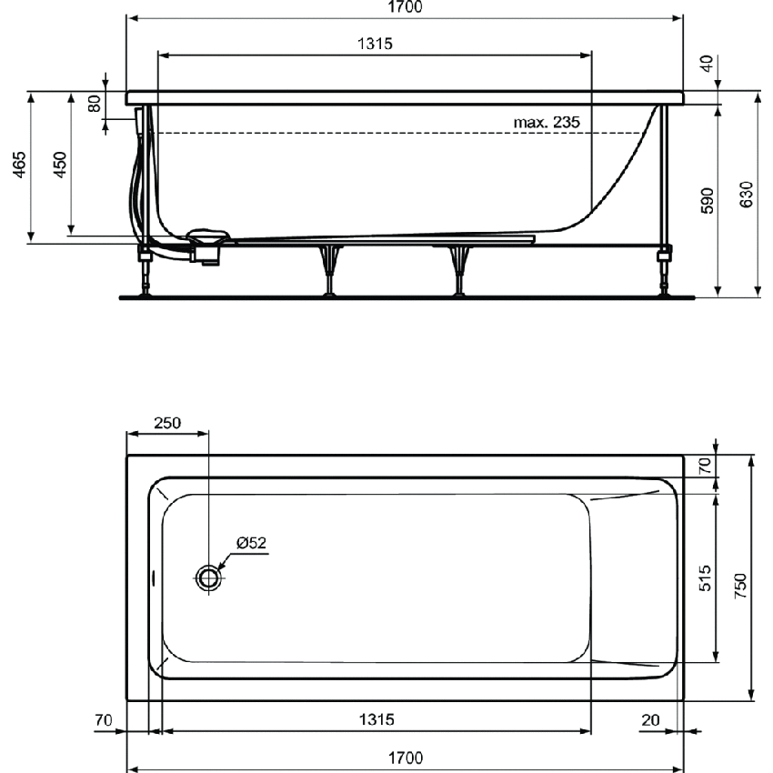 Immagine di Ideal Standard CONNECT AIR vasca L.170 P.75 cm rettangolare, con telaio, colonna e pannelli, colore bianco finitura lucido T361901