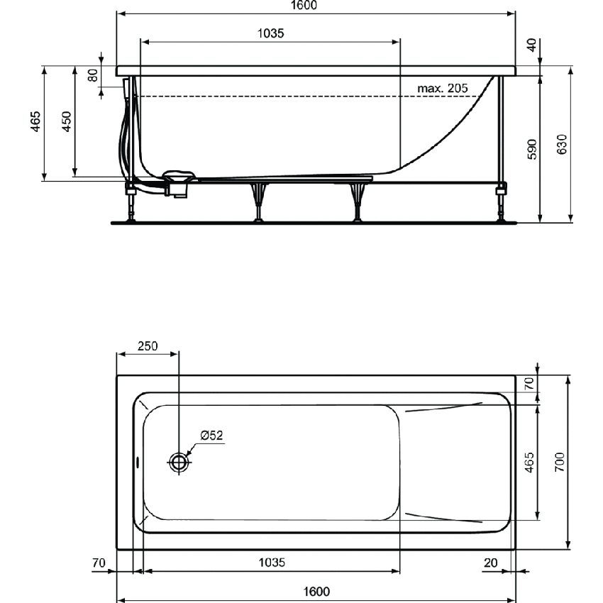 Immagine di Ideal Standard CONNECT AIR vasca L.160 P.70 cm rettangolare, con telaio, colonna e pannelli, colore bianco finitura lucido T361601