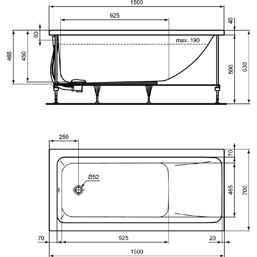 Immagine di Ideal Standard CONNECT AIR vasca L.150 P.70 cm rettangolare, con telaio, colonna e pannelli, colore bianco finitura lucido T361401