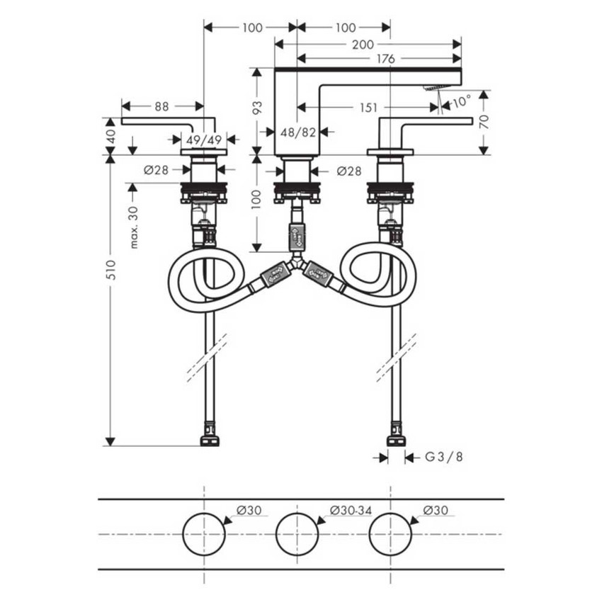 Immagine di Axor MYEDITION rubinetteria 3 fori lavabo 70, con set scarico push-open, finitura cromo e vetro a specchio 47050000