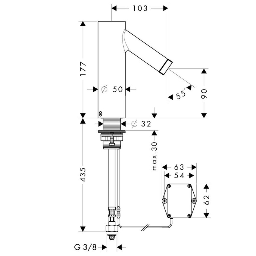Immagine di Axor STARCK miscelatore elettronico lavabo, con leva di regolazione temperatura e alimentazione a batteria, finitura cromo 10101000