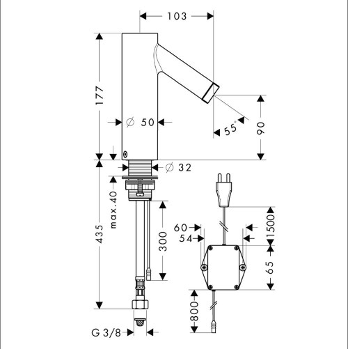 Immagine di Axor STARCK miscelatore elettronico lavabo, con leva di regolazione temperatura e alimentazione con trasformatore, finitura cromo 10140000