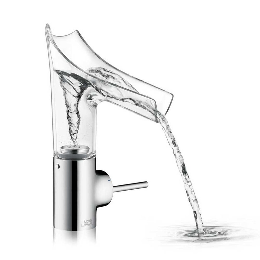 Immagine di Axor STARCK V miscelatore monocomando lavabo 140, con bocca in vetro e set di scarico, finitura cromo 12112000