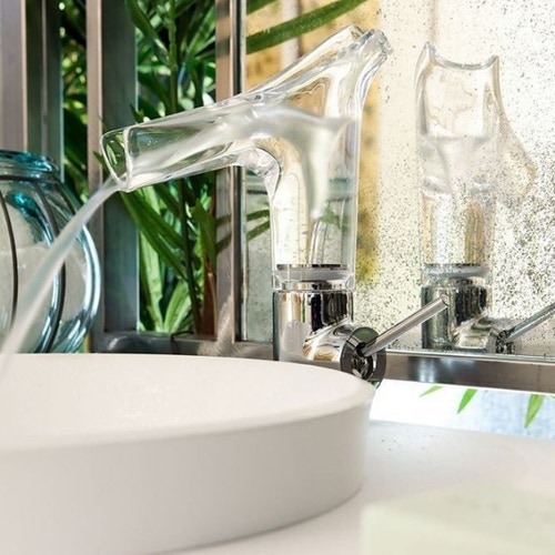 Immagine di Axor STARCK V miscelatore monocomando lavabo 140, con bocca in vetro e set di scarico, finitura cromo 12112000