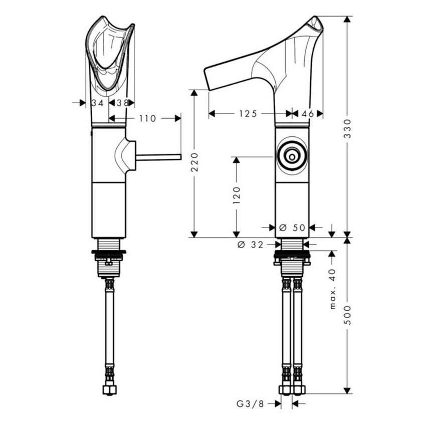 Immagine di Axor STARCK V miscelatore monocomando per lavabo 220, con bocca di erogazione in vetro per ciotole, con set di scarico, finitura cromo 12114000