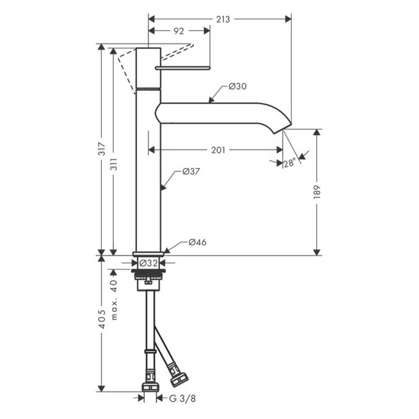 Immagine di Axor UNO miscelatore monocomando lavabo 190, con maniglia a staffa e set di scarico, finitura nichel spazzolato 38032820
