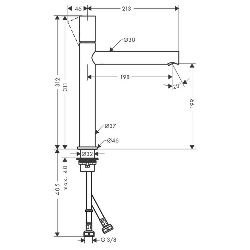 Immagine di Axor UNO miscelatore monocomando lavabo 200, maniglia zero e set di scarico, finitura cromo 45003000