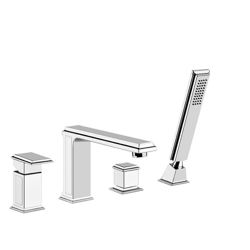 Immagine di Gessi ELEGANZA gruppo bordo vasca 4 fori, con bocca di erogazione, deviatore, flessibile 150 cm e doccetta anticalcare, finitura copper PVD 46037#030