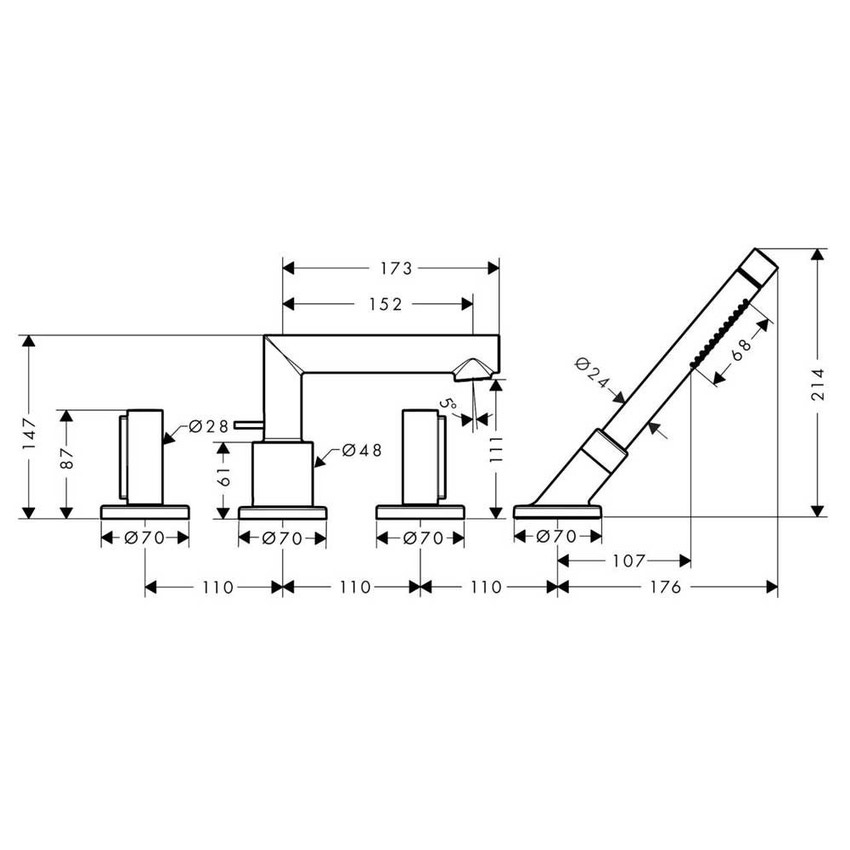 Immagine di Axor UNO rubinetteria 4 fori, bordo vasca, con maniglia zero, finitura cromo 45444000