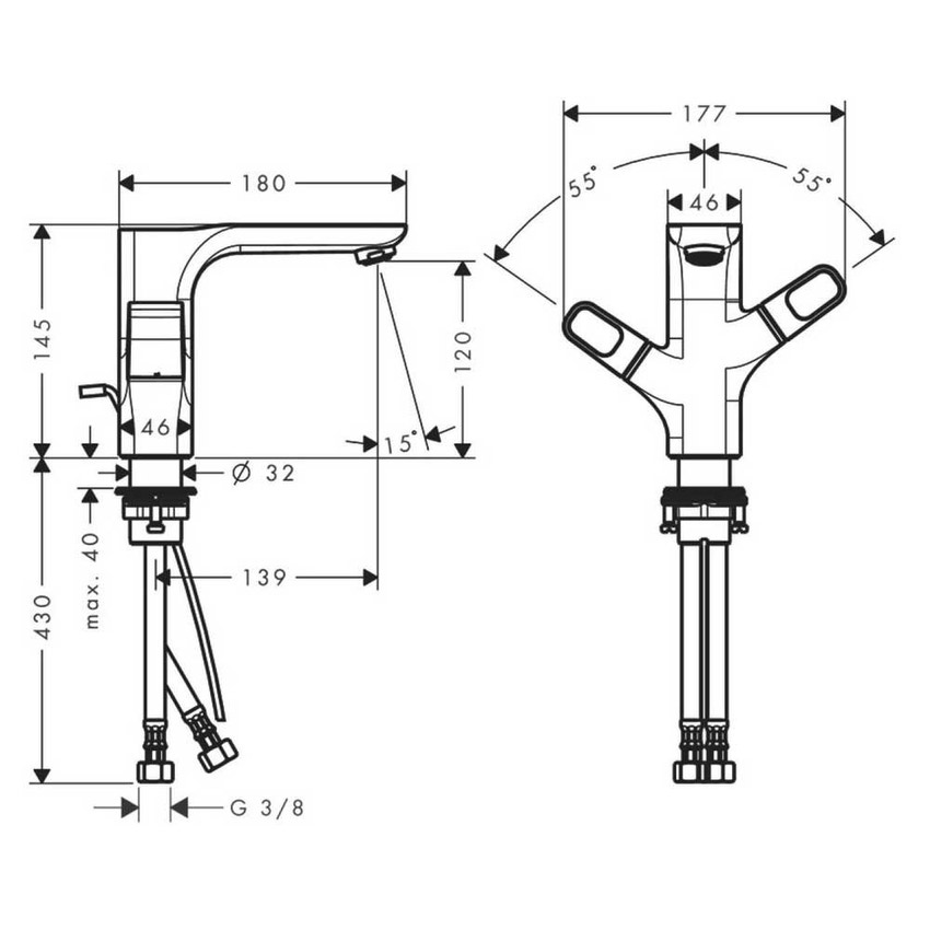 Immagine di Axor URQUIOLA miscelatore lavabo 2 maniglie 120, con set di scarico pop-up, finitura cromo 11024000