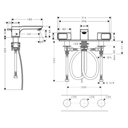Immagine di Axor URQUIOLA rubinetteria 3 fori 50, con set di scarico pop-up e piastrine, finitura cromo 11040000