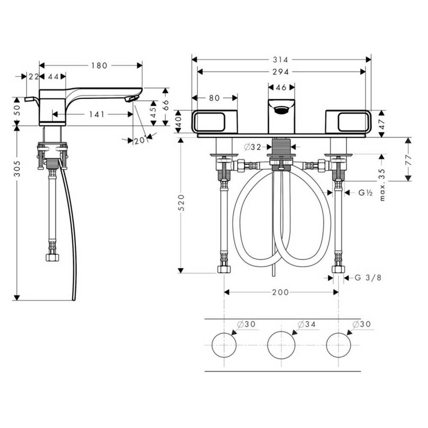 Immagine di Axor URQUIOLA rubinetteria 3 fori 50, con set di scarico pop-up e piastrine, finitura cromo 11040000
