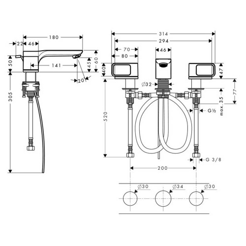 Immagine di Axor URQUIOLA rubinetteria 3 fori lavabo 50, con set di scarico pop-up e piastrine, finitura cromo 11041000