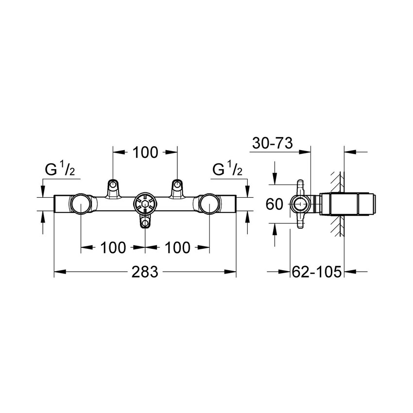 Corpo incasso  per batteria a tre fori per lavabo a parete