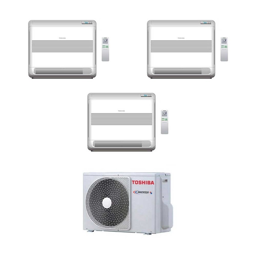 Immagine di Toshiba CONSOLE SERIE E1 R32 Climatizzatore trial split inverter | unità esterna 5.2 kW unità interne 9000+9000+9000 BTU RAS-3M18U2AVG-E+3xRAS-B10U2FVG-E1
