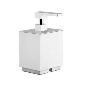 Immagine di Gessi RETTANGOLO ACCESSORI porta dispenser d'appoggio con bicchiere bianco, finitura cromo 20837#031