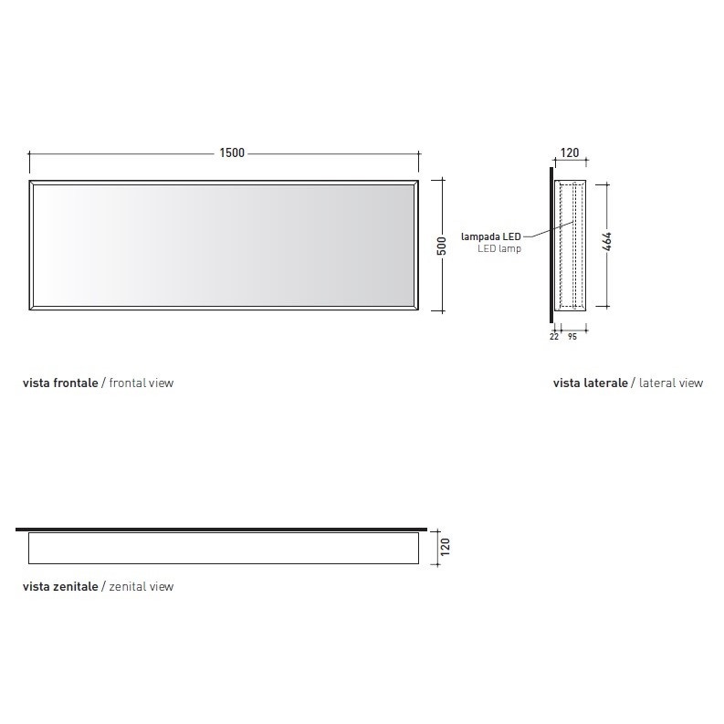 Immagine di Flaminia APP specchio L.150 H.50 cm, reversibile, con illuminazione led su tutto il perimetro, con cornice verniciata, colore nero finitura opaco AP150NE