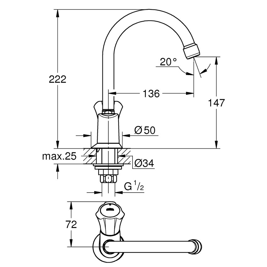 Immagine di Grohe ADRIA rubinetto H.22 cm a colonna, per lavabo, bocca girevole, finitura cromo 20393001