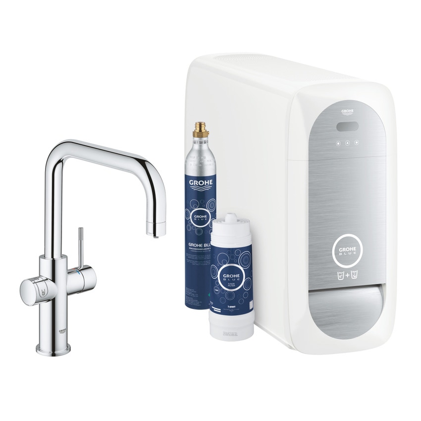 Immagine di Grohe BLUE HOME sistema completo rubinetto bocca a U e refrigeratore con sistema WiFi finitura cromo 31456001