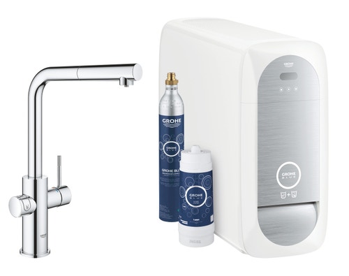 Immagine di Grohe BLUE HOME sistema completo con rubinetto per lavello bocca a L con refrigeratore, WiFi e docetta estraibile, finitura cromo 31539000