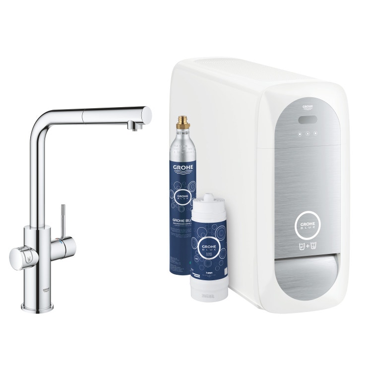 Immagine di Grohe BLUE HOME sistema completo con rubinetto per lavello bocca a L con refrigeratore, WiFi e docetta estraibile finitura cromo 31539000