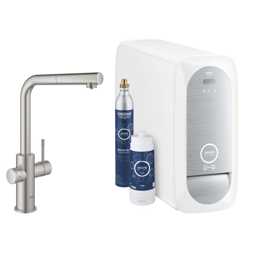 Immagine di Grohe BLUE HOME sistema completo con rubinetto per lavello bocca a L con refrigeratore, WiFi e docetta estraibile finitura cromo satinato 31539DC0