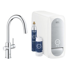 Immagine di Grohe BLUE HOME sistema completo con rubinetto per lavello bocca a C con refrigeratore, WiFi e doccetta estraibile finitura cromo 31541000
