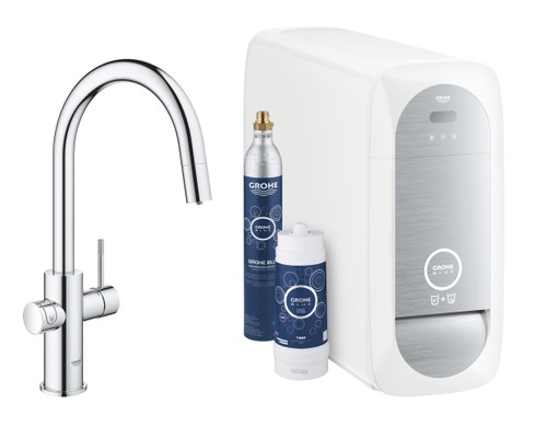 Immagine di Grohe BLUE HOME sistema completo con rubinetto per lavello bocca a C con refrigeratore, WiFi e doccetta estraibile, finitura cromo 31541000