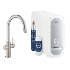 Immagine di Grohe BLUE HOME sistema completo con rubinetto per lavello bocca a C con refrigeratore, WiFi e doccetta estraibile, finitura cromo satinato 31541DC0