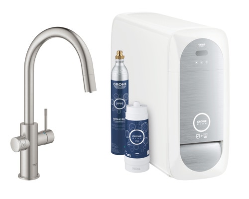 Immagine di Grohe BLUE HOME sistema completo con rubinetto per lavello bocca a C con refrigeratore, WiFi e doccetta estraibile, finitura cromo satinato 31541DC0