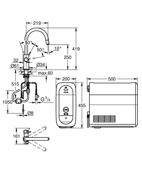 Immagine di Grohe BLUE HOME sistema completo con rubinetto per lavello bocca a C con refrigeratore, WiFi e doccetta estraibile, finitura cromo satinato 31541DC0