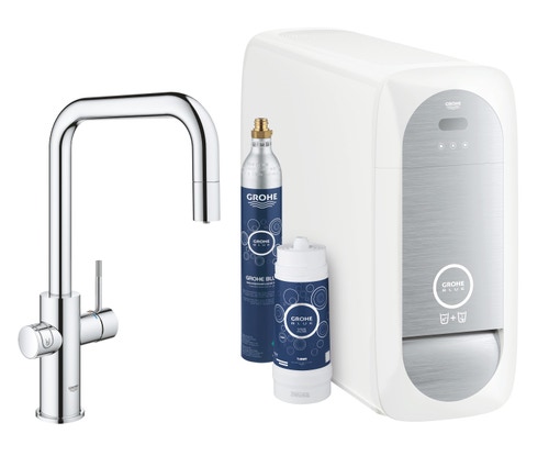 Immagine di Grohe BLUE HOME sistema completo con rubinetto per lavello bocca a U con refrigeratore, WiFi e doccetta estraibile, finitura cromo 31543000