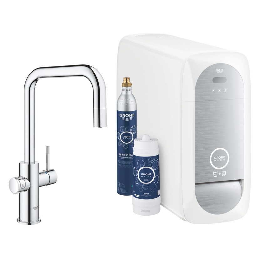 Immagine di Grohe BLUE HOME sistema completo con rubinetto per lavello bocca a U con refrigeratore, WiFi e doccetta estraibile finitura cromo 31543000