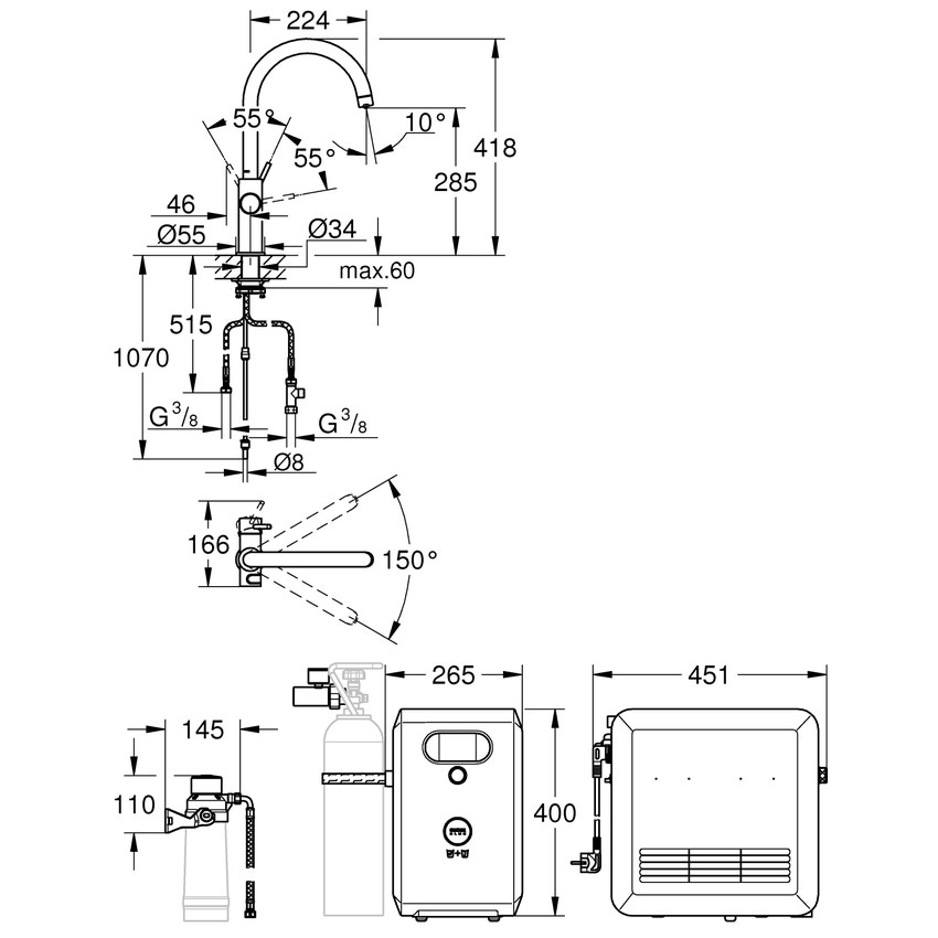 Immagine di Grohe BLUE PROFESSIONAL miscelatore monocomando bocca a C con sistema filtrante e WiFi, finitura cromo satinato 31323DC2