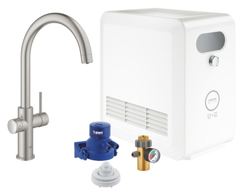 Immagine di Grohe BLUE PROFESSIONAL miscelatore monocomando bocca a C con sistema filtrante e WiFi, finitura cromo satinato 31323DC2