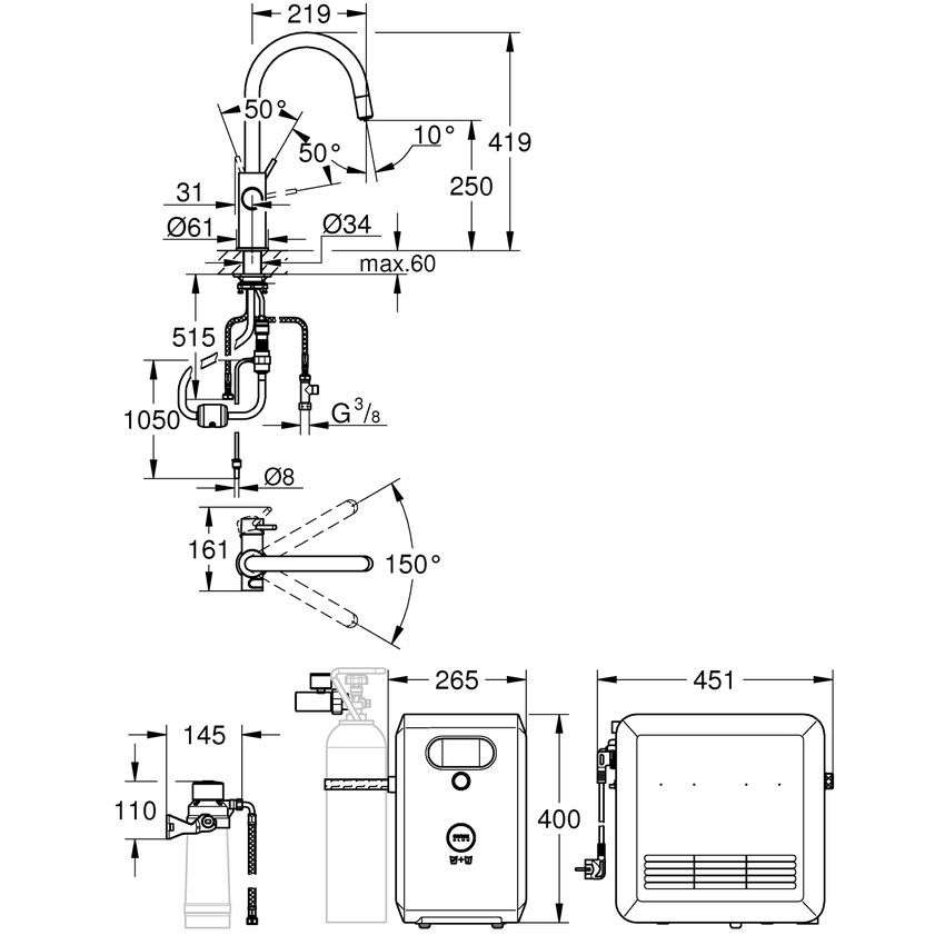 Immagine di Grohe BLUE PROFESSIONAL miscelatore con bocca a C per lavello con filtrante, WiFi e doccetta estraibile, finitura cromo 31325002
