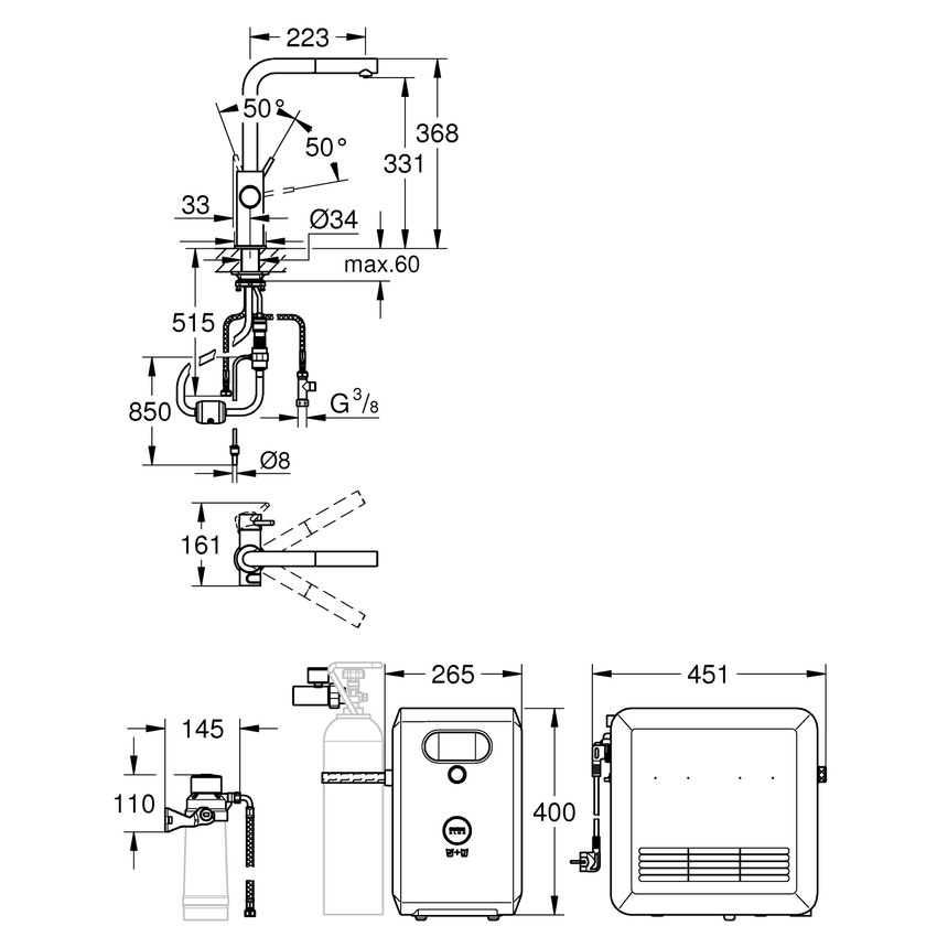 Immagine di Grohe BLUE PROFESSIONAL miscelatore bocca a L per lavello con sistema filtrante, WIFI e doccetta estraibile, finitura cromo 31326002