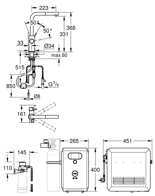 Immagine di Grohe BLUE PROFESSIONAL miscelatore bocca a L per lavello con sistema filtrante, WIFI e doccetta estraibile, finitura cromo satinato 31326DC2