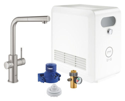 Immagine di Grohe BLUE PROFESSIONAL miscelatore bocca a L per lavello con sistema filtrante, WIFI e doccetta estraibile, finitura cromo satinato 31326DC2