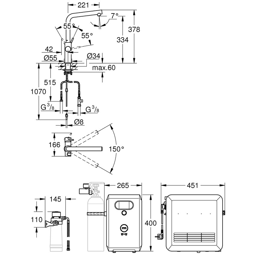 Immagine di Grohe BLUE PROFESSIONAL miscelatore con bocca a L per lavello con sistema filtrante e WiFi, finitura cromo 31347003