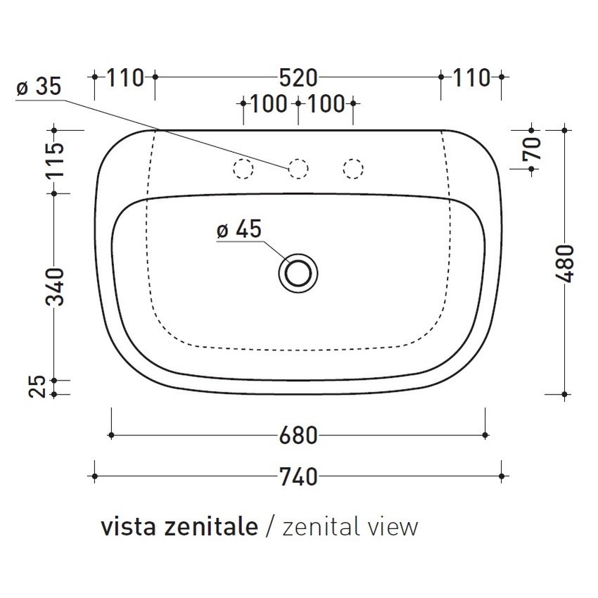 Immagine di Flaminia MONÒ 74 lavabo 74 cm da appoggio o sospeso, senza troppopieno, colore bianco finitura lucido MN74L