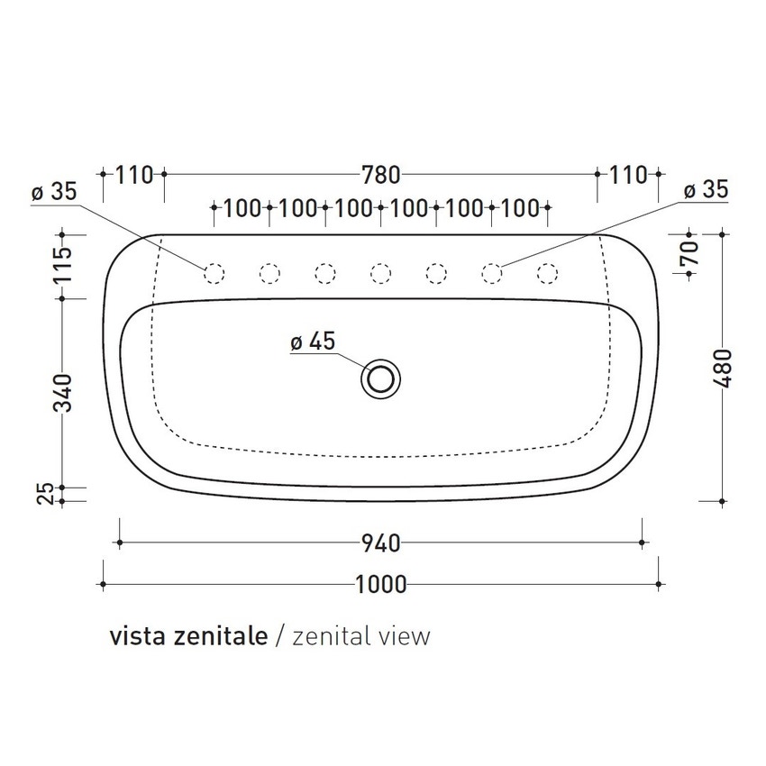 Immagine di Flaminia MONÒ 100 lavabo 100 cm da appoggio o sospeso, senza troppopieno, colore bianco finitura lucido MN100L