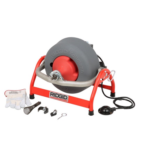 Immagine di Ridgid Stasatrice K-3800 con AUTOFEED, Cavo da 12 mm x 23 m, Trivella a imbuto, Raschiatore a lame angolate, Raschiatore a lancia, Chiave a piolo, Guanti per stasatrici RIDGID in pelle, per condutture di scarico da 20 mm a 110 mm, 230 V 61487