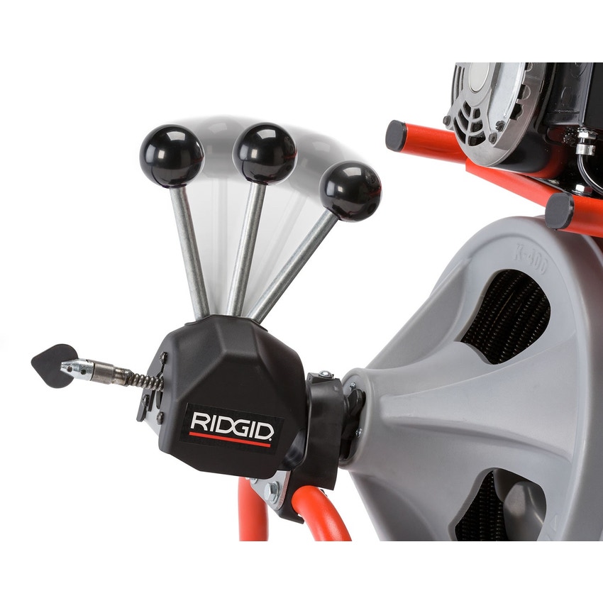 Immagine di Ridgid Stasatrice K-400 AUTOFEED, con guanti per stasatrici RIDGID, Cavo con "anima piena" ad avvolgimento integrale da 10 mm x 23 m, Set di utensili con T-202 trivella a bulbo, raschiatore T-205, raschiatore T-211 e A-13 chiave a piolo, 230 V 27028